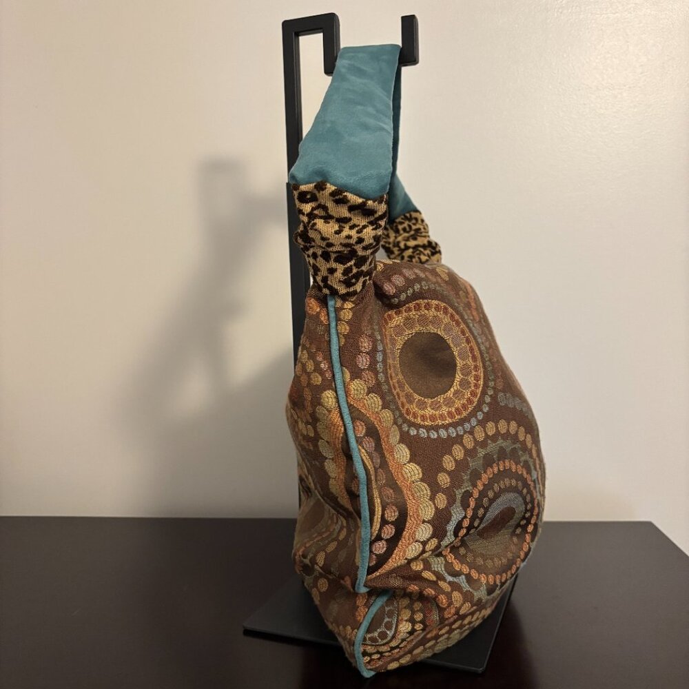 Atenti Brown and Teal Circle Patterned Embroidered Fabric Hobo Shoulder Bag - Picture 2 of 10